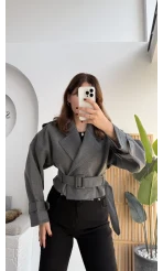 Tess Kemerli Reglan Kol Yarım Ceket - Antrasit - Kod: 9502