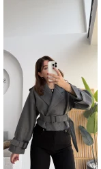 Tess Kemerli Reglan Kol Yarım Ceket - Antrasit - Kod: 9502