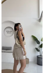 Tiana Çizgi Detay Keten Şort Takım - 8010