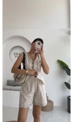 Tiana Çizgi Detay Keten Şort Takım - 8010