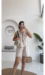 Tiana Çizgi Detay Keten Şort Takım - 8010