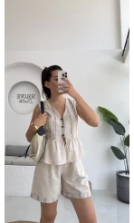 Tiana Çizgi Detay Keten Şort Takım - 8010