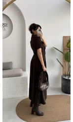 Tienne Kruvaze Yaka Toka Kemerli Elbise - Acı Kahve - Kod: 2332