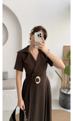 Tienne Kruvaze Yaka Toka Kemerli Elbise - Acı Kahve - Kod: 2332