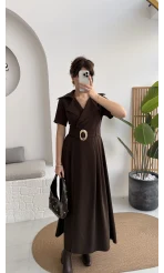 Tienne Kruvaze Yaka Toka Kemerli Elbise - Acı Kahve - Kod: 2332