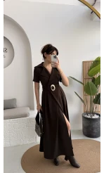 Tienne Kruvaze Yaka Toka Kemerli Elbise - Acı Kahve - Kod: 2332