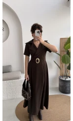 Tienne Kruvaze Yaka Toka Kemerli Elbise - Acı Kahve - Kod: 2332