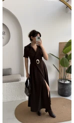 Tienne Kruvaze Yaka Toka Kemerli Elbise - Acı Kahve - Kod: 2332