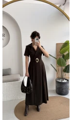 Tienne Kruvaze Yaka Toka Kemerli Elbise - Acı Kahve - Kod: 2332