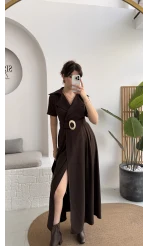 Tienne Kruvaze Yaka Toka Kemerli Elbise - Acı Kahve - Kod: 2332