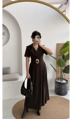 Tienne Kruvaze Yaka Toka Kemerli Elbise - Acı Kahve - Kod: 2332