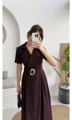 Tienne Kruvaze Yaka Toka Kemerli Elbise - Mürdüm - Kod: 2332