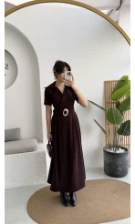 Tienne Kruvaze Yaka Toka Kemerli Elbise - Mürdüm - Kod: 2332