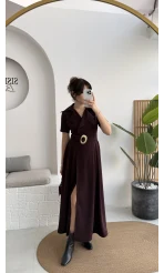 Tienne Kruvaze Yaka Toka Kemerli Elbise - Mürdüm - Kod: 2332