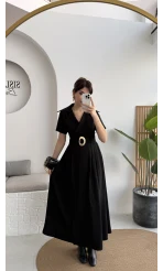 Tienne Kruvaze Yaka Toka Kemerli Elbise - Siyah - Kod: 2332