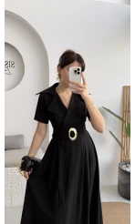 Tienne Kruvaze Yaka Toka Kemerli Elbise - Siyah - Kod: 2332