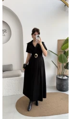 Tienne Kruvaze Yaka Toka Kemerli Elbise - Siyah - Kod: 2332