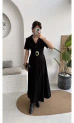 Tienne Kruvaze Yaka Toka Kemerli Elbise - Siyah - Kod: 2332