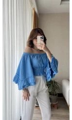 To Lowe Mavi Püsküllü Özel Tasarım Bluz