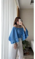 To Lowe Mavi Püsküllü Özel Tasarım Bluz