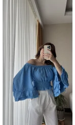 To Lowe Mavi Püsküllü Özel Tasarım Bluz