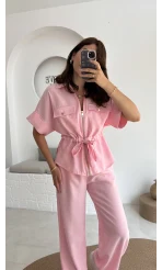 Tokyo Fermuarlı Gömlek Pantolon Takım - Pembe