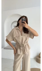 Tokyo Fermuarlı Gömlek Pantolon Takım - Taş