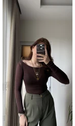 Transparan Acı Kahve Kayık Yaka Bluz