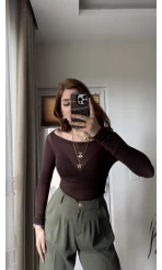 Transparan Acı Kahve Kayık Yaka Bluz