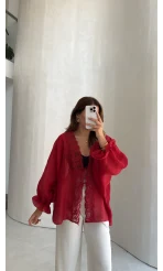 Transparan Dantelli Gömlek - Kırmızı - Kod: 5108
