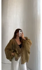 Transparan Dantelli Gömlek - Olive - Kod: 5108