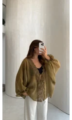 Transparan Dantelli Gömlek - Olive - Kod: 5108