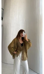 Transparan Dantelli Gömlek - Olive - Kod: 5108