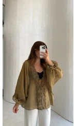 Transparan Dantelli Gömlek - Olive - Kod: 5108