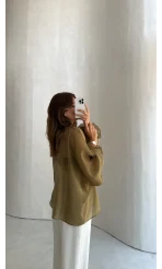 Transparan Dantelli Gömlek - Olive - Kod: 5108
