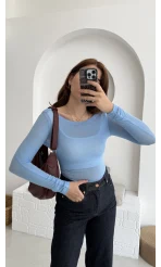 Transparan Mavi Kayık Yaka Bluz