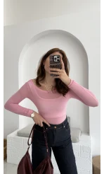 Transparan Pembe Kayık Yaka Bluz