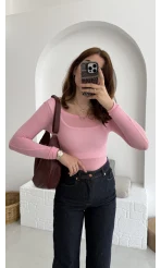 Transparan Pembe Kayık Yaka Bluz