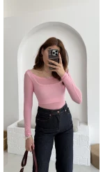 Transparan Pembe Kayık Yaka Bluz