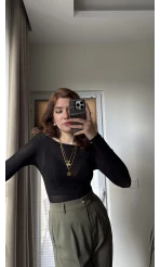 Transparan Siyah Kayık Yaka Bluz