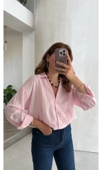 Transparan V Yaka Gömlek - Pembe - Kod: 4914