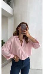 Transparan V Yaka Gömlek - Pembe - Kod: 4914
