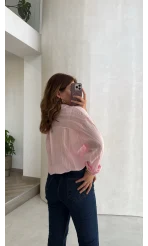 Transparan V Yaka Gömlek - Pembe - Kod: 4914