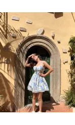 Tredi Çiçekli Elbise Mavi Dantel Detay