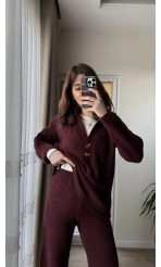 Triko Düğmeli Takım Bordo