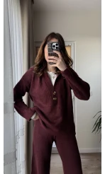 Triko Düğmeli Takım Bordo