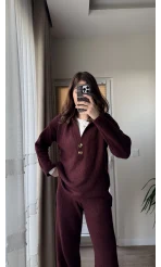 Triko Düğmeli Takım Bordo