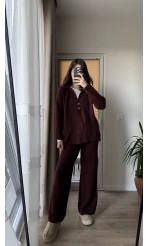 Triko Düğmeli Takım Bordo