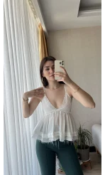 Tül Beyaz Askılı Bluz