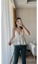 Tül Beyaz Askılı Bluz
